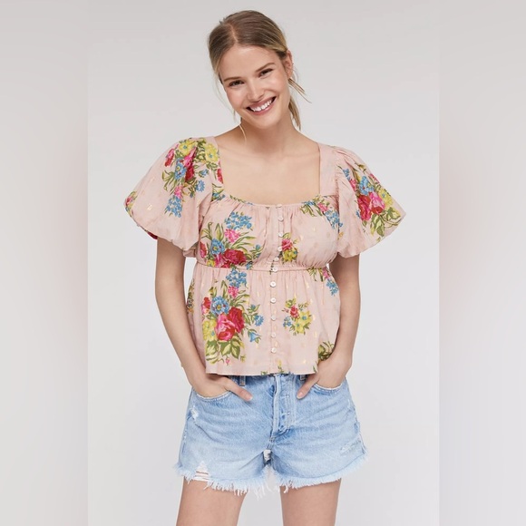 B18 Anthropologie Love the Label Rosette Babydoll Blouse Size Small - Picture 1 of 9